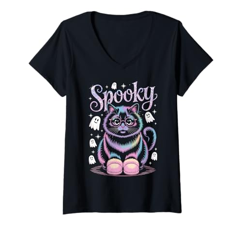 Damen Spooky Cat Design für Halloween-Liebhaber T-Shirt mit V-Ausschnitt Damen Spooky Cat Design für Halloween-Liebhaber T-Shirt mit V-Ausschnitt von Spooky Vibes