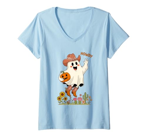 Damen Howdy Boo Vintage Cowboy Ghost Halloween Spaß T-Shirt mit V-Ausschnitt Damen Howdy Boo Vintage Cowboy Ghost Halloween Spaß T-Shirt mit V-Ausschnitt von Spooky Vintage Cowboy Gardener Ghost Designs