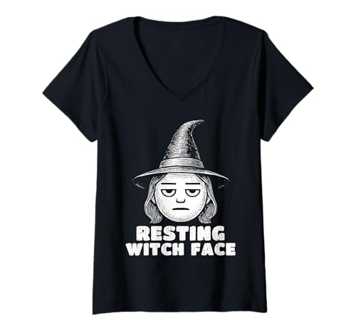 Damen Ruhende Hexe Gesicht Lustig Grumpy Witchy Halloween T-Shirt mit V-Ausschnitt Damen Ruhende Hexe Gesicht Lustig Grumpy Witchy Halloween T-Shirt mit V-Ausschnitt von Spooky Vintage Witchy Occult Wicca Gothic Design
