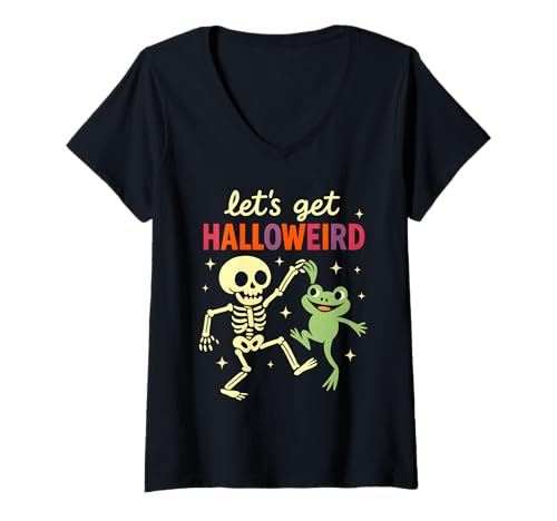 Damen Let's Get Halloweird Lustiger Tanzender Skelett-Frosch Halloween T-Shirt mit V-Ausschnitt von Spooky Weird Vibes Co