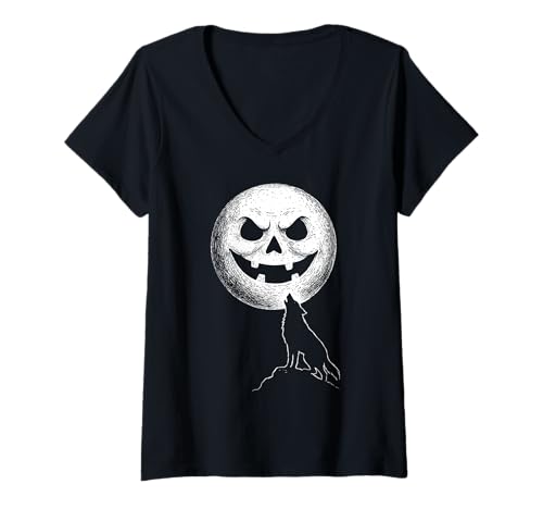 Damen Gruselige Jack O Laterne Mond Heulender Wolf Halloween T-Shirt mit V-Ausschnitt von Spooky Werewolf Pumpkin Moon Gothic Halloween