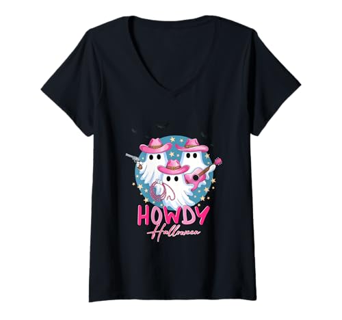 Damen Howdy Halloween Geister mit Cowboyhüten T-Shirt mit V-Ausschnitt Damen Howdy Halloween Geister mit Cowboyhüten T-Shirt mit V-Ausschnitt von Spooky Western Cowboy Ghosts Festive Fun