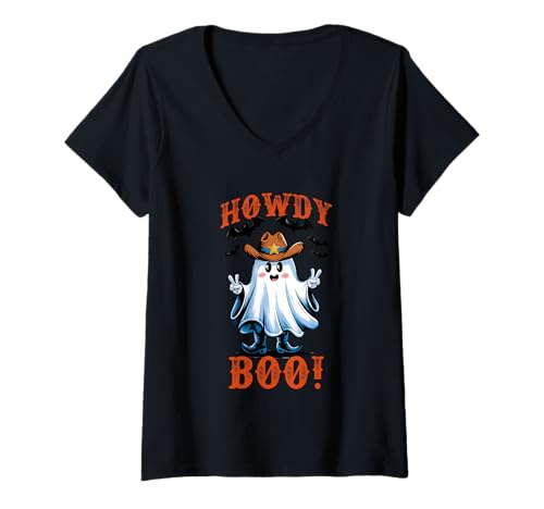 Damen Howdy Boo Cowboy Ghost Halloween-Geist T-Shirt mit V-Ausschnitt von Spooky Western Ghostly Cowboy Fun Vibes