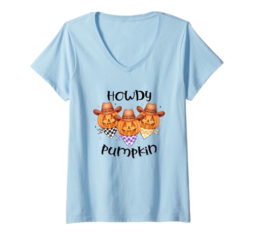 Damen Howdy Howdy Howdy Cowboy Kürbisse T-Shirt mit V-Ausschnitt Damen Howdy Howdy Howdy Cowboy Kürbisse T-Shirt mit V-Ausschnitt von Spooky Western Pumpkin Trio Cowboys