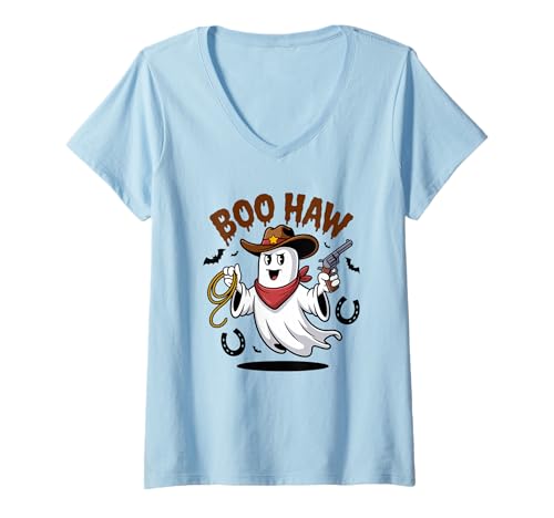 Damen Boo Haw Western Halloween Cowboy-Geist T-Shirt mit V-Ausschnitt Damen Boo Haw Western Halloween Cowboy-Geist T-Shirt mit V-Ausschnitt von Spooky Western Style
