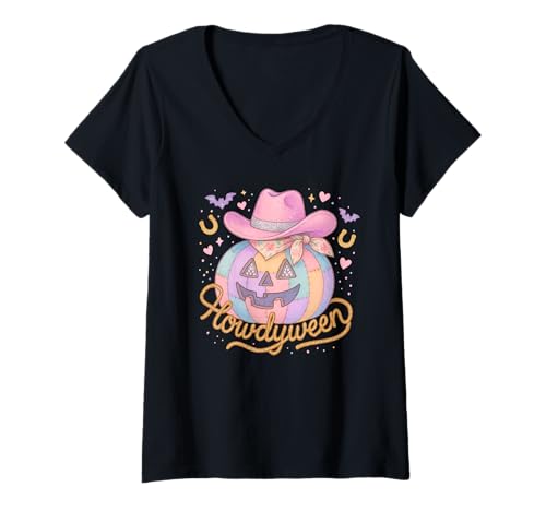Damen Howdyween Pastell Cowgirl Kürbis Halloween T-Shirt mit V-Ausschnitt von Spooky Western Vibes Apparel