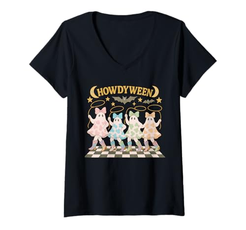Damen Howdyween Ghost Dance Süßes Western-Halloween T-Shirt mit V-Ausschnitt von Spooky Western Vibes