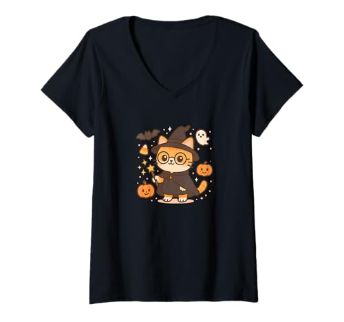 Damen Kawaii Halloween Katze Zauberer Niedlicher Kürbis Geist Hexe T-Shirt mit V-Ausschnitt Damen Kawaii Halloween Katze Zauberer Niedlicher Kürbis Geist Hexe T-Shirt mit V-Ausschnitt von Spooky Whiskers Co.