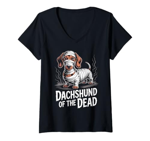 Damen Dackel of Dead Lustiger Hund Halloween Mumie Kostüm T-Shirt mit V-Ausschnitt von Spooky Wienie Dog Mummy Halloween Costume