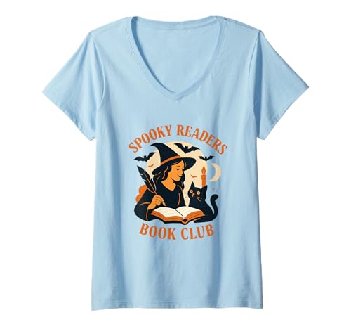 Damen Gruselige Leser Buchclub Hexe Katze Magie T-Shirt mit V-Ausschnitt von Spooky Witch Halloween Book Lovers Group