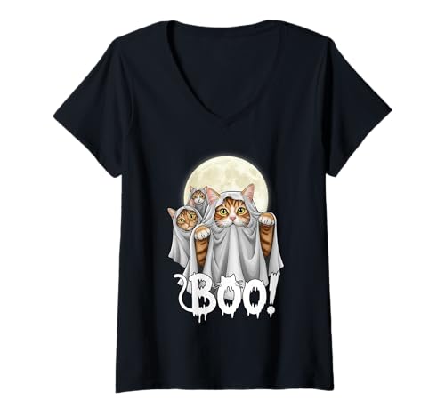 Damen Süße lustige Zaubererkatze Ghost Halloween Boo Spooky Kitten T-Shirt mit V-Ausschnitt Damen Süße lustige Zaubererkatze Ghost Halloween Boo Spooky Kitten T-Shirt mit V-Ausschnitt von Spooky Wizard Cat Whiskers Halloween Kleidung