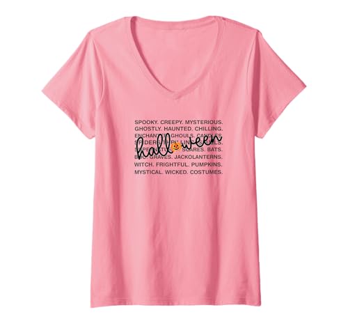 Damen Halloween Words Spooky Creepy Haunted Design T-Shirt mit V-Ausschnitt Damen Halloween Words Spooky Creepy Haunted Design T-Shirt mit V-Ausschnitt von Spooky Word Art