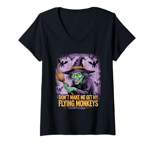 Damen Lustiges Halloween-Zitat mit fliegenden Affen T-Shirt mit V-Ausschnitt von Spooky season creepy witch gift