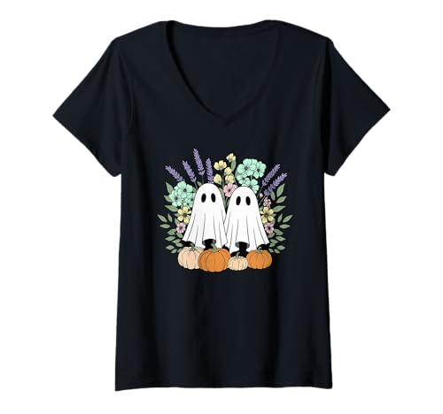 Damen Niedliche Geister mit Kürbissen und Blumen Halloween Herbst T-Shirt mit V-Ausschnitt Damen Niedliche Geister mit Kürbissen und Blumen Halloween Herbst T-Shirt mit V-Ausschnitt von Spooky & Cute Halloween Apparel