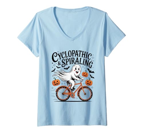 Damen Lustiger Halloween-Geist auf Fahrrad zyklopathisch und spiralförmig T-Shirt mit V-Ausschnitt Damen Lustiger Halloween-Geist auf Fahrrad zyklopathisch und spiralförmig T-Shirt mit V-Ausschnitt von Spooky & Silly