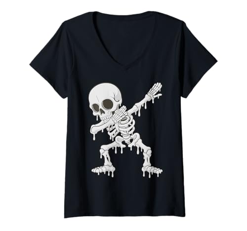Damen Dabbing Skelett Dab Dance Halloween Kostüm für Kinder Jungen T-Shirt mit V-Ausschnitt Damen Dabbing Skelett Dab Dance Halloween Kostüm für Kinder Jungen T-Shirt mit V-Ausschnitt von SpookyVibes Apparel Co