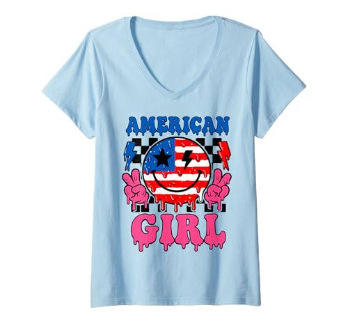 Damen Dripping Retro American Patriotic Girl USA Cool 4. Juli T-Shirt mit V-Ausschnitt Damen Dripping Retro American Patriotic Girl USA Cool 4. Juli T-Shirt mit V-Ausschnitt von SpookyVibes Apparel Co
