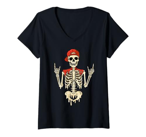 Damen Dripping Skeleton Rocker Red Cap Skater Halloween Kostüm T-Shirt mit V-Ausschnitt von SpookyVibes Apparel Co