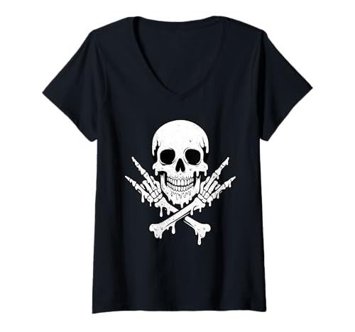 Damen Dripping Skull Crossbones Rock Hands Skelett Jolly Roger T-Shirt mit V-Ausschnitt von SpookyVibes Apparel Co