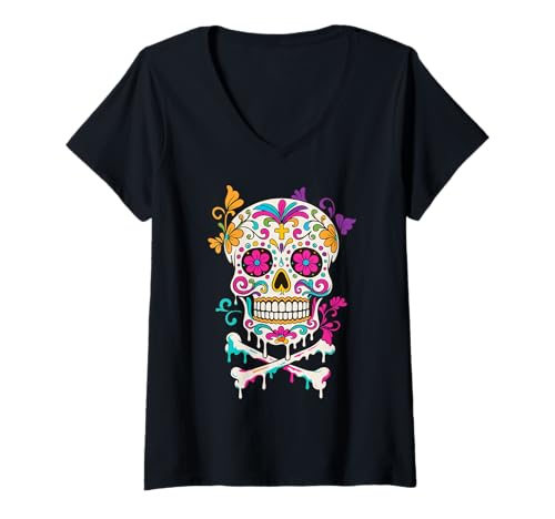 Damen Dripping Sugar Skull, Blumen-Eiscreme-Stil, Tag der Toten T-Shirt mit V-Ausschnitt von SpookyVibes Apparel Co