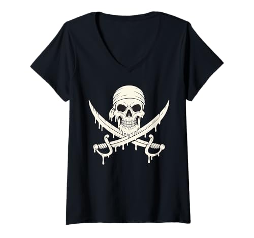 Damen Piratenschädel Tropfende gekreuzte Schwerter Kinder Jungen Halloween T-Shirt mit V-Ausschnitt von SpookyVibes Apparel Co