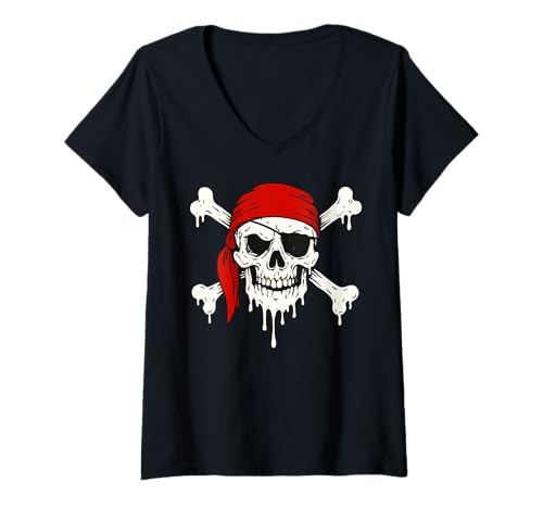 Damen Rotes Halstuch Dripping Pirate Totenkopf mit Kreuzknochen für Halloween Horror T-Shirt mit V-Ausschnitt von SpookyVibes Apparel Co