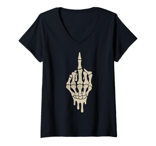 Damen Skelett Hand Mittelfinger in Tasche Eis Tropfen T-Shirt mit V-Ausschnitt von SpookyVibes Apparel Co