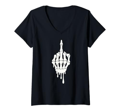 Damen Skelett Hand Mittelfinger in Tasche Eis Tropfen T-Shirt mit V-Ausschnitt von SpookyVibes Apparel Co