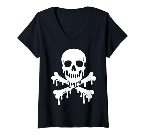 Damen Tropfender Totenkopf gekreuzte Knochen Skelett Jolly Roger Flagge Piraten T-Shirt mit V-Ausschnitt von SpookyVibes Apparel Co