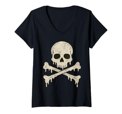 Damen Tropfender Totenkopf gekreuzte Knochen Skelett Jolly Roger Flagge Piraten T-Shirt mit V-Ausschnitt Damen Tropfender Totenkopf gekreuzte Knochen Skelett Jolly Roger Flagge Piraten T-Shirt mit V-Ausschnitt von SpookyVibes Apparel Co