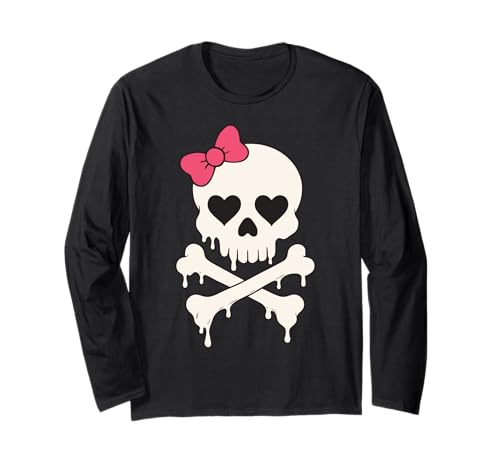Niedlicher Totenkopf rosa Schleife tropfende gekreuzte Knochen Halloween Frauen Mädchen Langarmshirt von SpookyVibes Apparel Co