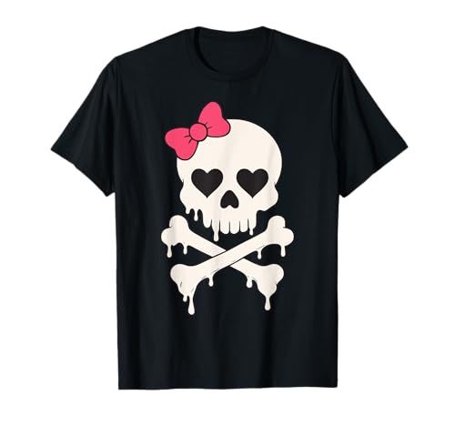 Niedlicher Totenkopf rosa Schleife tropfende gekreuzte Knochen Halloween Frauen Mädchen T-Shirt von SpookyVibes Apparel Co