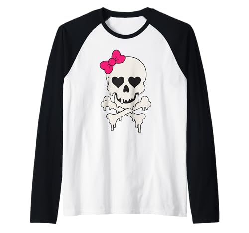 Süßer tropfender Totenkopf rosa Schleife gekreuzte Knochen Halloween Frauen Mädchen Raglan von SpookyVibes Apparel Co