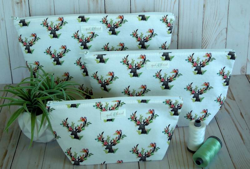 Schwarze Blumen Hirsch Silhouette Aufmotzt Kosmetiktasche Satz von SpoolofThreadDesigns