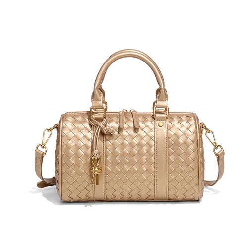Handtasche aus gewebtem Leder mit Tragegriff oben, stilvolle Umhängetasche mit verstellbarem Schulterriemen, Gold von SporGenius