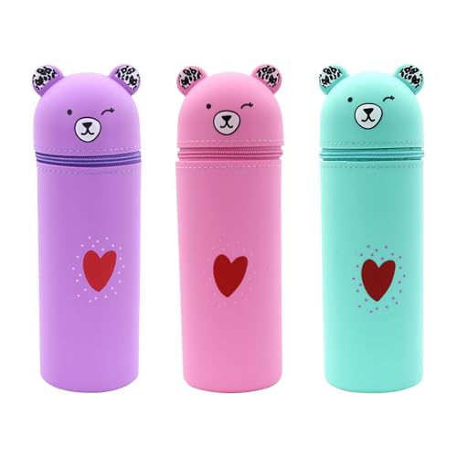 Sporgo 3 Stück Kawaii Federmäppche: 2 in 1 Weichem Silikon Federmäppche Cartoon Bleistifthalter Schlampermäppchen, Niedliches Stifteköcher Teleskopisch Mäppchen für Teenager Schülerin (A) von Sporgo