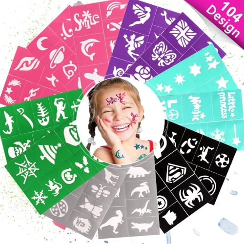 Sporgo Tattoo Kinder,104 Design Tattoo Schablonen für Kinder,Temporäre Tattoos Kinder Schminkschablonen für Mädchen Jungen,Kreativität Tattoo Schablone für Kinder Schminke Partys von Sporgo