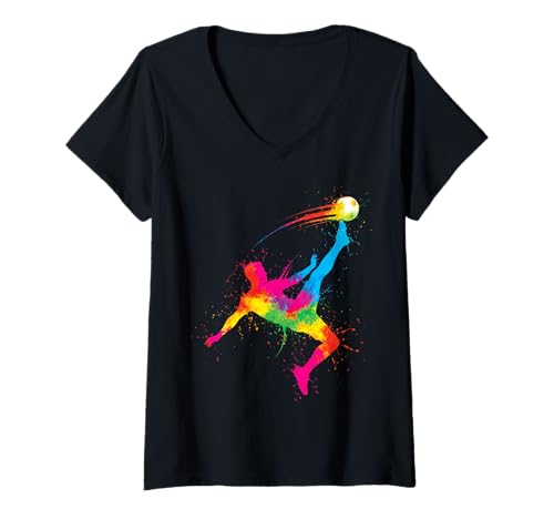 Damen Fußball Color Splash Akrobatik-Spieler Sport Soccer T-Shirt mit V-Ausschnitt Damen Fußball Color Splash Akrobatik-Spieler Sport Soccer T-Shirt mit V-Ausschnitt von Sport Fun And Cool