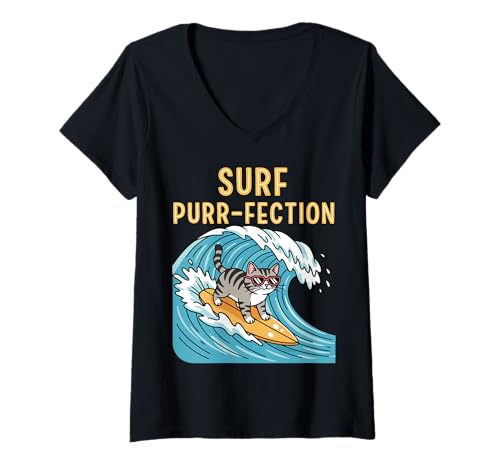 Damen Katze Surfer – Katze Surf auf der Welle, lustiges Tier-Design T-Shirt mit V-Ausschnitt Damen Katze Surfer – Katze Surf auf der Welle, lustiges Tier-Design T-Shirt mit V-Ausschnitt von Sport Fun And Cool