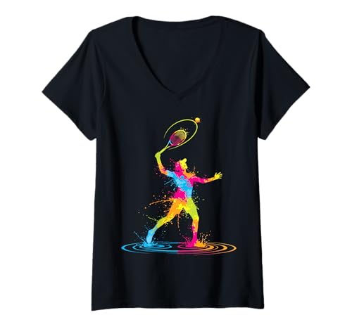 Damen Tennisspieler - sportliches Silhouetten-Design Color Splash T-Shirt mit V-Ausschnitt Damen Tennisspieler - sportliches Silhouetten-Design Color Splash T-Shirt mit V-Ausschnitt von Sport Fun And Cool