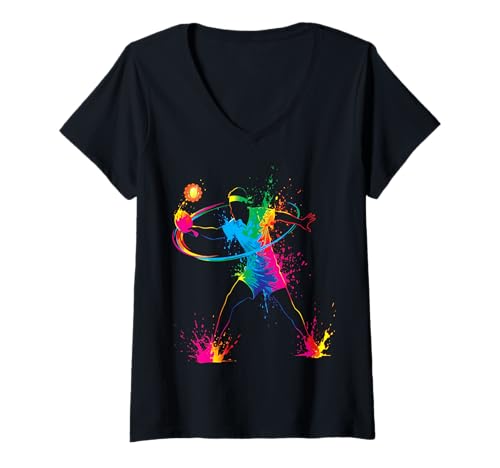 Damen Tischtennis, Mehrfarbig, dynamisch, Spieler, Sport T-Shirt mit V-Ausschnitt von Sport Fun And Cool