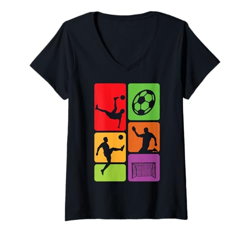 Damen Vintage-Illustration Fußballspieler Ball und Tor T-Shirt mit V-Ausschnitt von Sport Fun And Cool
