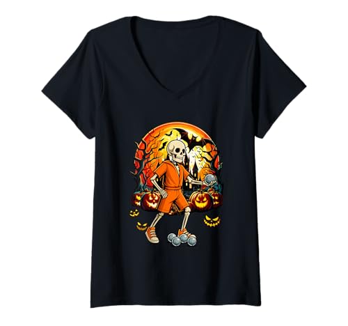 Damen Petanquel Player Sports Lover Costume Halloween Skeleton T-Shirt mit V-Ausschnitt von Sport Halloween Costume