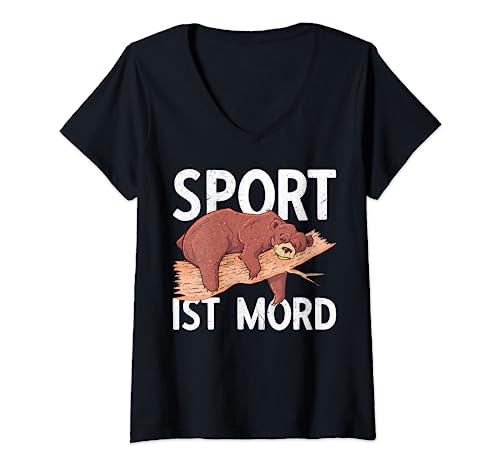 Damen Faule Bär im Winterschlaf Sport ist Mord Spruch T-Shirt mit V-Ausschnitt von Sport Ist Mord Faul Joggen Sport Lustig Bär