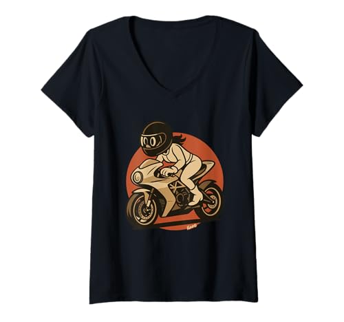 Damen Retro Cartoon Frau mit Helm auf Motorrad T-Shirt mit V-Ausschnitt von Sport Moto Bikerin Motorrad Grafik Design