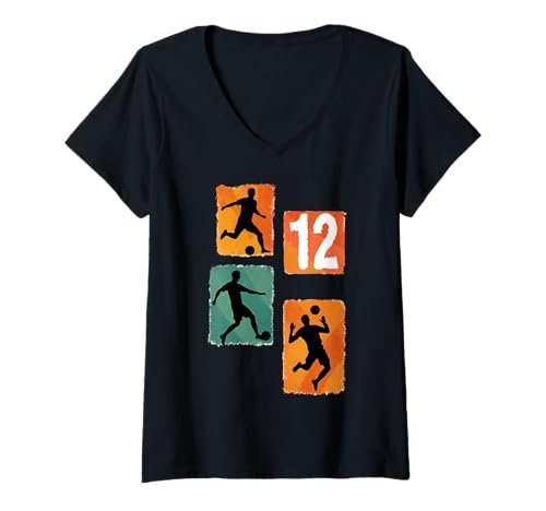Damen Fußballspieler Silhouette Nummer 12 Sport Fan Geburtstag T-Shirt mit V-Ausschnitt Damen Fußballspieler Silhouette Nummer 12 Sport Fan Geburtstag T-Shirt mit V-Ausschnitt von Sport Trikot Nummern Fans