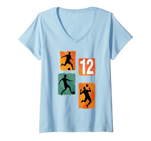 Damen Fußballspieler Silhouette Nummer 12 Sport Fan Geburtstag T-Shirt mit V-Ausschnitt von Sport Trikot Nummern Fans
