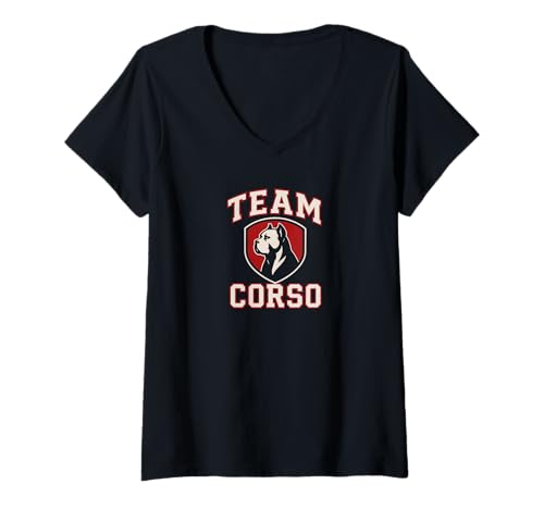 Damen Team Corso Varsity T-Shirt mit V-Ausschnitt Damen Team Corso Varsity T-Shirt mit V-Ausschnitt von Sport-style varsity shirt with Cane Corso mascot
