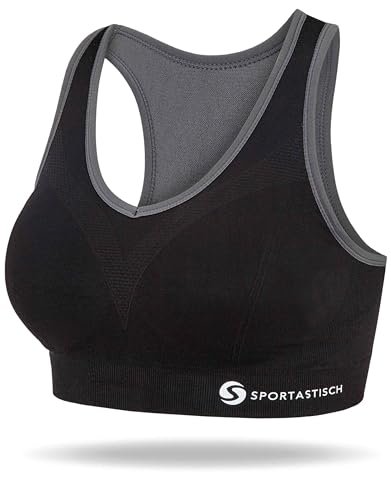 Sportastisch Damen Sport BH „Sporty Bra“ Starker Halt zum Joggen ohne Bügel, Racerback Ringerrücken BH mit Push-up gepolsterte Cups (schwarz/S) von Sportastisch