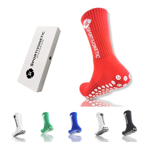 Sportivonetic® Premium Fußball Socken mit Grip und Anti-Rutsch Noppen für Herren & Damen Kinder - in Einheitsgröße 37-48- Fussball SI - atmungsaktiv (Rot) von Sportivonetic